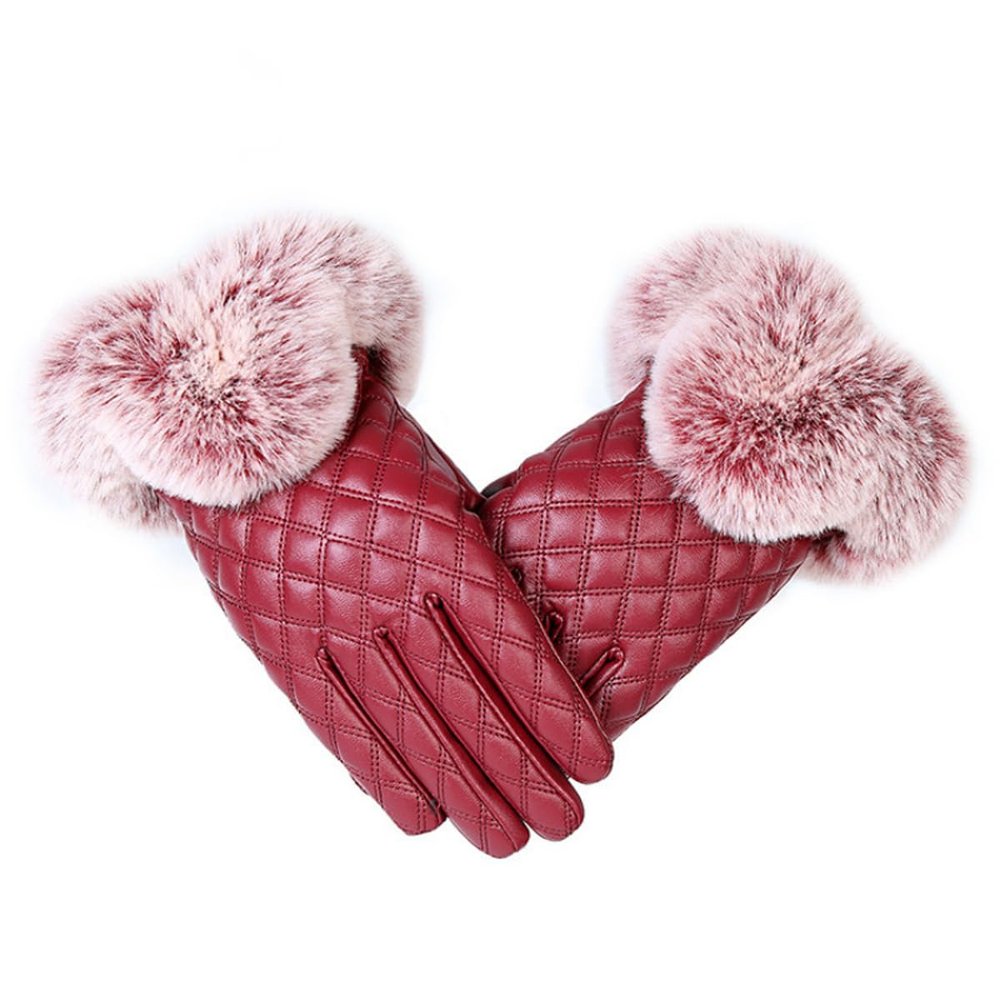 ECYC Women PU Leather Gloves, Winter Warm Gloves Faux Fur Trim Cuff Thick Gloves for Women