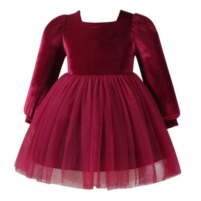 Baby Girls Velvet Dress Toddler Long Sleeve Square Neck Christmas Dress Smocked Back Tulle Tutu Dress Party Holiday Birthday Xmas Formal Fall Winter Dresses Wine red-Square Neck 18-24 Months