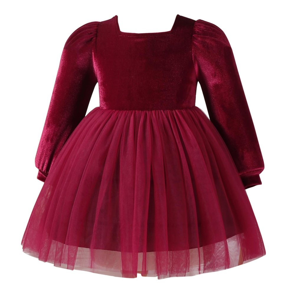 Baby Girls Velvet Dress Toddler Long Sleeve Square Neck Christmas Dress Smocked Back Tulle Tutu Dress Party Holiday Birthday Xmas Formal Fall Winter Dresses Wine red-Square Neck 18-24 Months