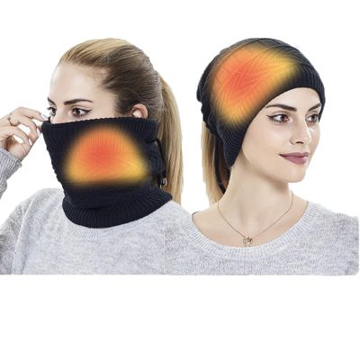 2 in 1 USB Heated Hat Winter Knitted Hat Running Hats Fleece Skull Cap Neck Warmer Circle Loop Scarf for Women Black
