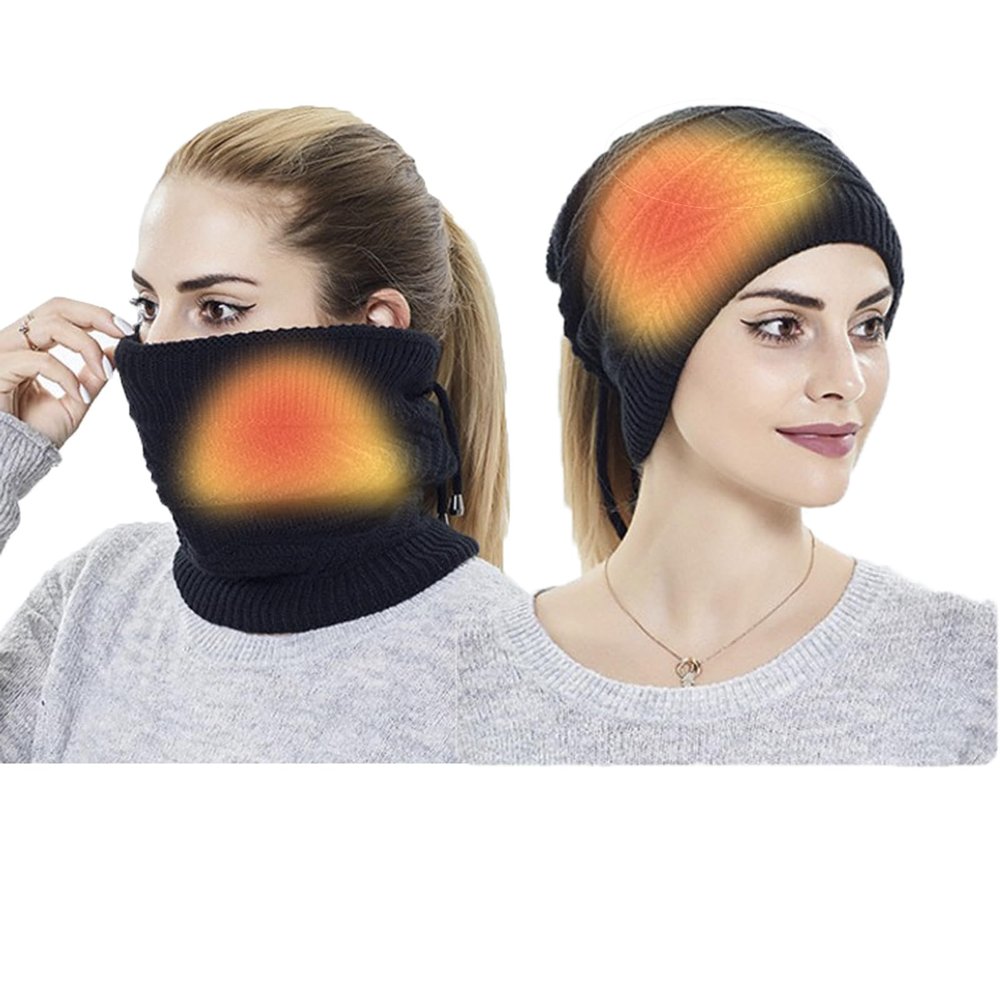 2 in 1 USB Heated Hat Winter Knitted Hat Running Hats Fleece Skull Cap Neck Warmer Circle Loop Scarf for Women Black