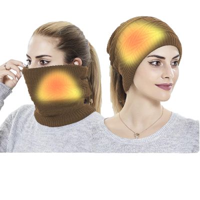 2 in 1 USB Heated Hat Winter Knitted Hat Running Hats Fleece Skull Cap Neck Warmer Circle Loop Scarf for Women Coffee