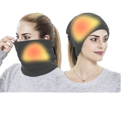 2 in 1 USB Heated Hat Winter Knitted Hat Running Hats Fleece Skull Cap Neck Warmer Circle Loop Scarf for Women Dark Gray