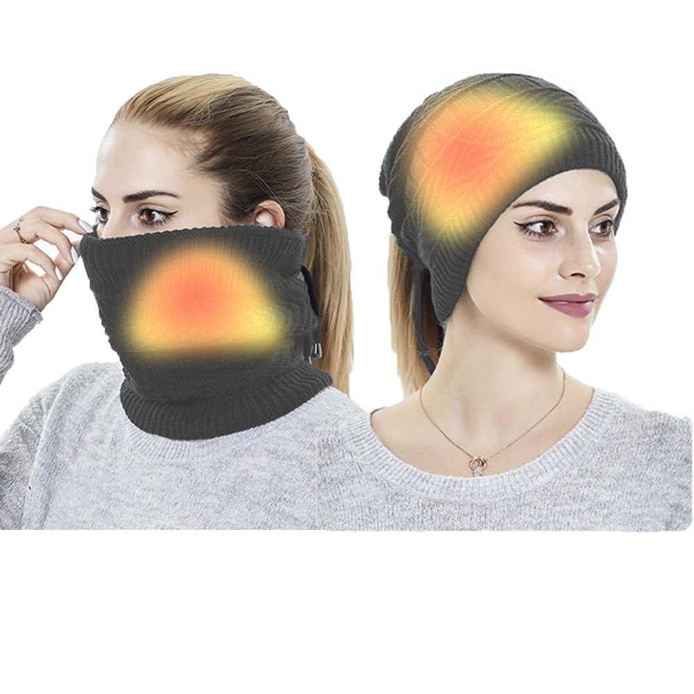 2 in 1 USB Heated Hat Winter Knitted Hat Running Hats Fleece Skull Cap Neck Warmer Circle Loop Scarf for Women Dark Gray