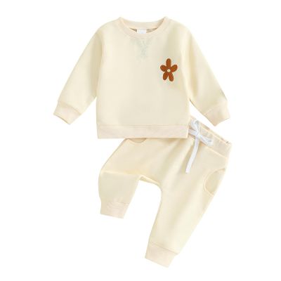Fernvia Toddler Baby Girl Clothes 3 6 9 12 18 24 Months Fall Outfits Solid Long Sleeve Sweatshirt Tops + Pants Set (F-Beige, 12-18 Months)