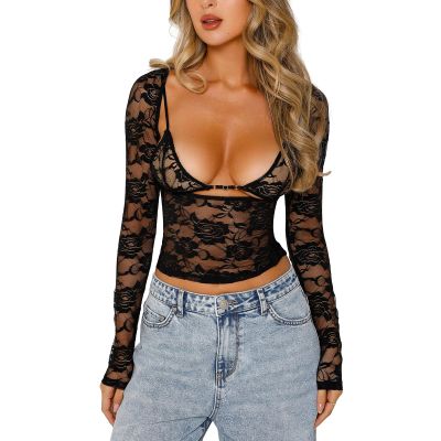 Fairy Grunge Shirts for Women Y2K Tops Long Sleeve Lace Patchwork Tees Teen Girls Vintage Slim Blouse Fall Clothes (2Pcs Black, L)