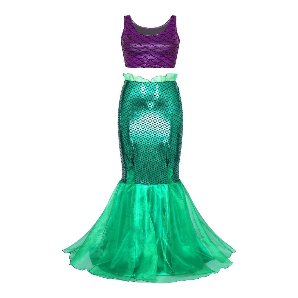 Miutii Women's Mermaid Tail Costume Skirt Fish Scale Print High Waist Hip Skirt Sequins Long Maxi Dress Purple&Green 3X-Large