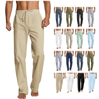 Linen Pants Men Summer Wedding Casual Cotton Yoga Pants with Pockets Drawstring Elastic Waist Straight-Leg Lightweight Pants Loose Summer Beach Pants Regular Fit (A4-Green,X-Large)