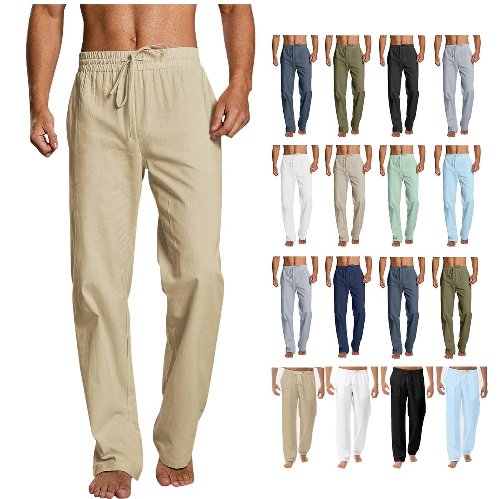 Linen Pants Men Summer Wedding Casual Cotton Yoga Pants with Pockets Drawstring Elastic Waist Straight-Leg Lightweight Pants Loose Summer Beach Pants Regular Fit (A4-Green,X-Large)
