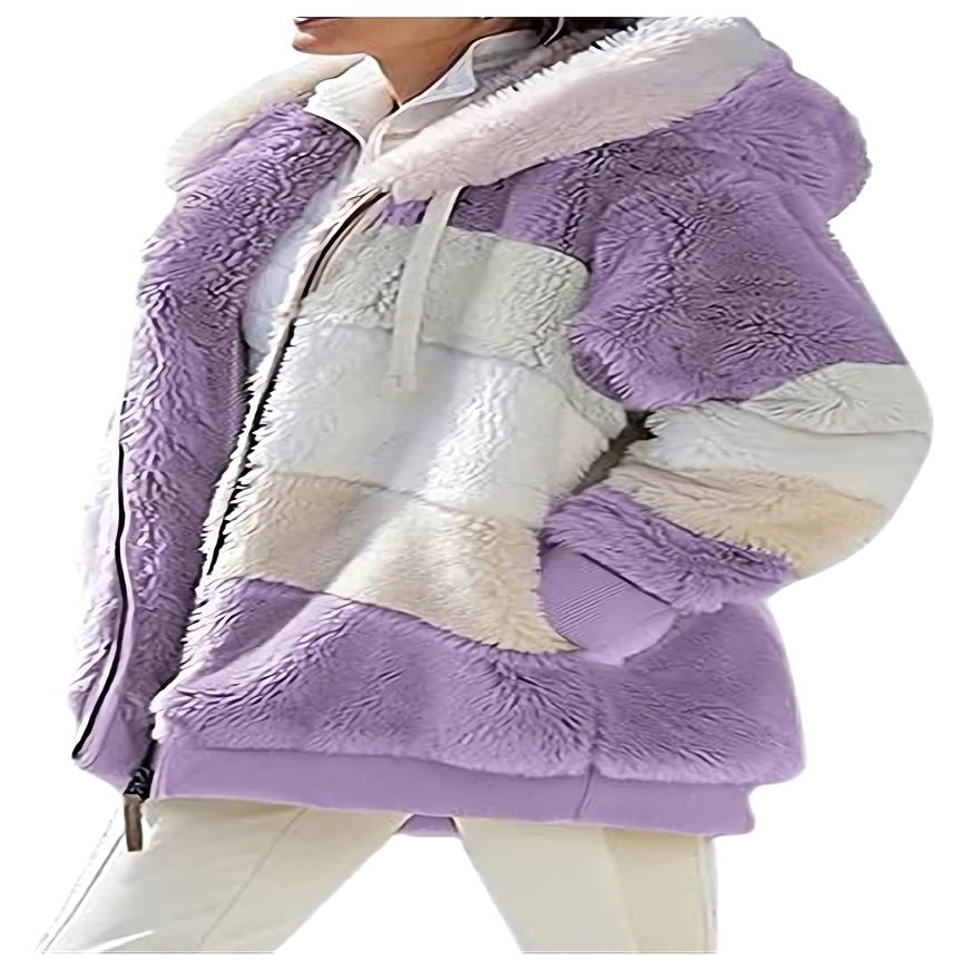 2024 New Rcontrasting Lamb Wool Padded Coat Sherpa Hoodie Lined Jacket Women Faux Fur Shearling Fleece Zip Shacket (US, Alpha, XX-Large, Regular, Regular, Purple)