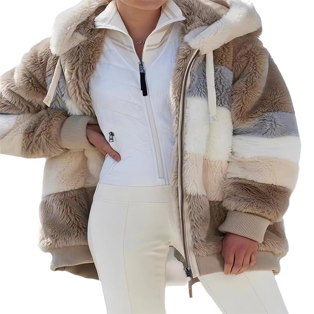 2024 New Rcontrasting Lamb Wool Padded Coat Sherpa Hoodie Lined Jacket Women Faux Fur Shearling Fleece Zip Shacket (US, Alpha, 4X-Large, Regular, Regular, Khaki)
