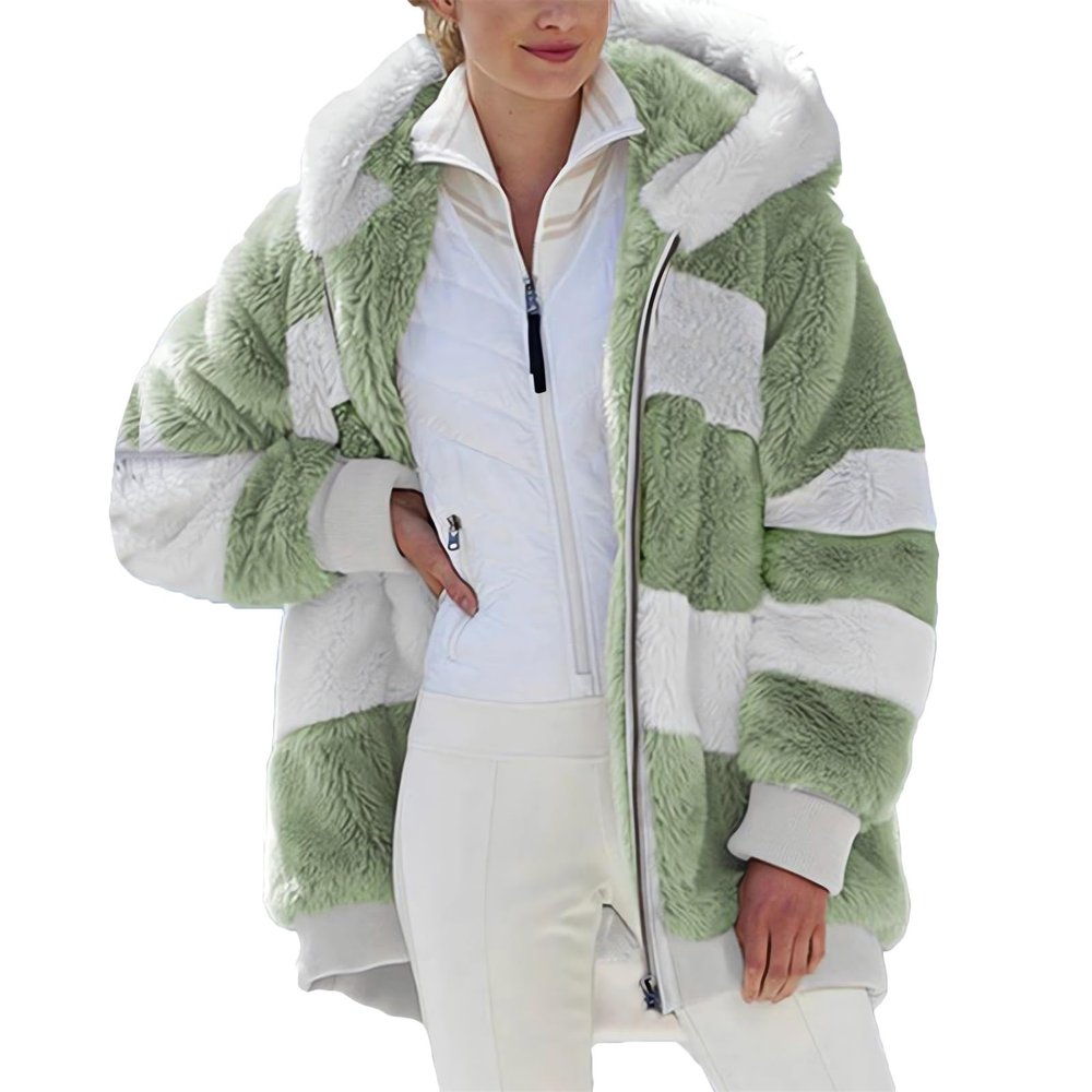 2024 New Rcontrasting Lamb Wool Padded Coat Sherpa Hoodie Lined Jacket Women Faux Fur Shearling Fleece Zip Shacket (US, Alpha, Large, Regular, Regular, Green)