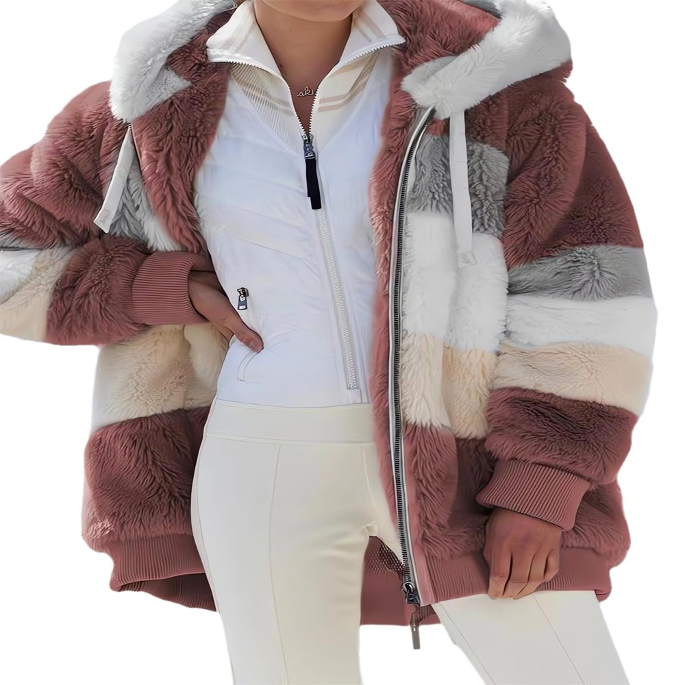 2024 New Rcontrasting Lamb Wool Padded Coat Sherpa Hoodie Lined Jacket Women Faux Fur Shearling Fleece Zip Shacket (US, Alpha, 3X-Large, Regular, Regular, Red)