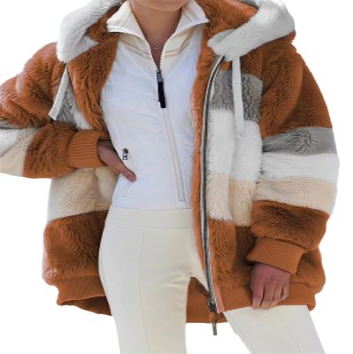 2024 New Rcontrasting Lamb Wool Padded Coat Sherpa Hoodie Lined Jacket Women Faux Fur Shearling Fleece Zip Shacket (US, Alpha, Large, Regular, Regular, Caramel)