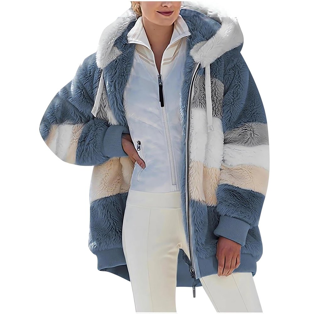 2024 New Rcontrasting Lamb Wool Padded Coat Sherpa Hoodie Lined Jacket Women Faux Fur Shearling Fleece Zip Shacket (US, Alpha, 4X-Large, Regular, Regular, Blue)