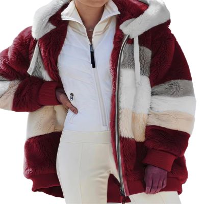 2024 New Rcontrasting Lamb Wool Padded Coat Sherpa Hoodie Lined Jacket Women Faux Fur Shearling Fleece Zip Shacket (US, Alpha, 5X-Large, Regular, Regular, Claret)