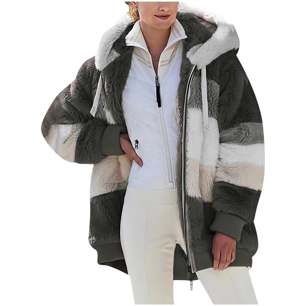 2024 New Rcontrasting Lamb Wool Padded Coat Sherpa Hoodie Lined Jacket Women Faux Fur Shearling Fleece Zip Shacket (US, Alpha, Medium, Regular, Regular, Army green)