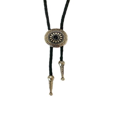 MULBA Vintage American Western Cowboy Indian Art Stone Leather Bolo Tie For Men Women (flowers01-black)