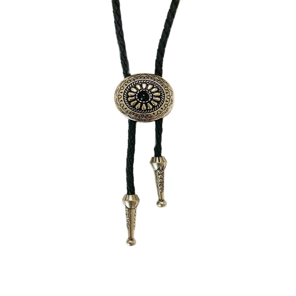 MULBA Vintage American Western Cowboy Indian Art Stone Leather Bolo Tie For Men Women (flowers01-black)