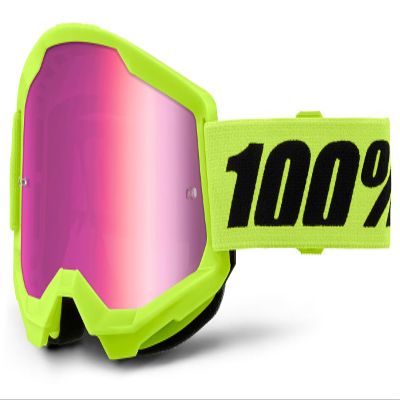 100% STRATA 2 Goggles - Sports Goggles for Motocross & Mountain Biking - Eyewear for Bike Riders - Motocross Eyewear for Men - Neon Yellow - Pink Mirror Lens