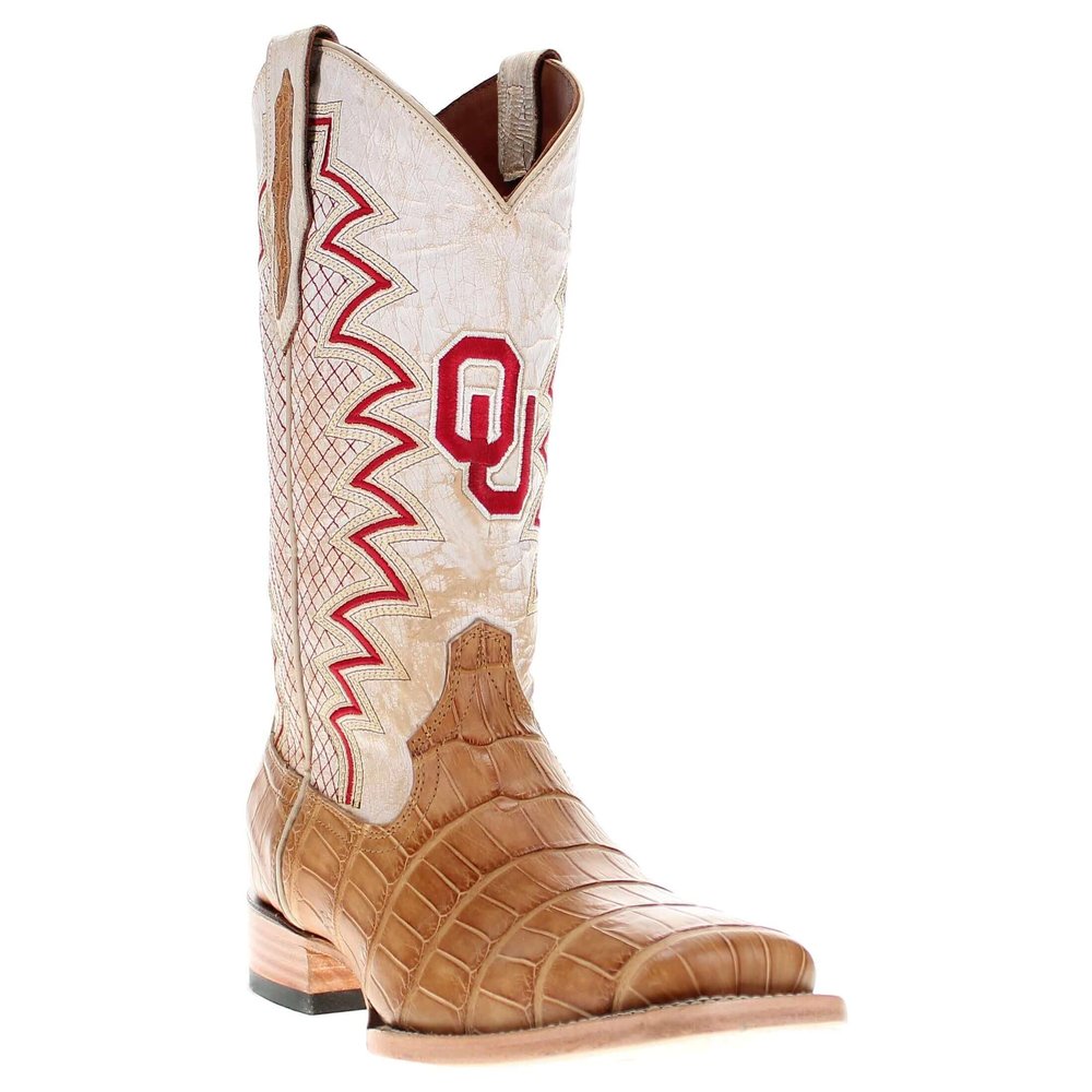 Vaccari Men's Parker Top Grid Stitching & University of Oklahoma Sooners Embroidery Genuine Tan Alligator Tail Broad Square Toe Cowboy Boots - 9.5 EE