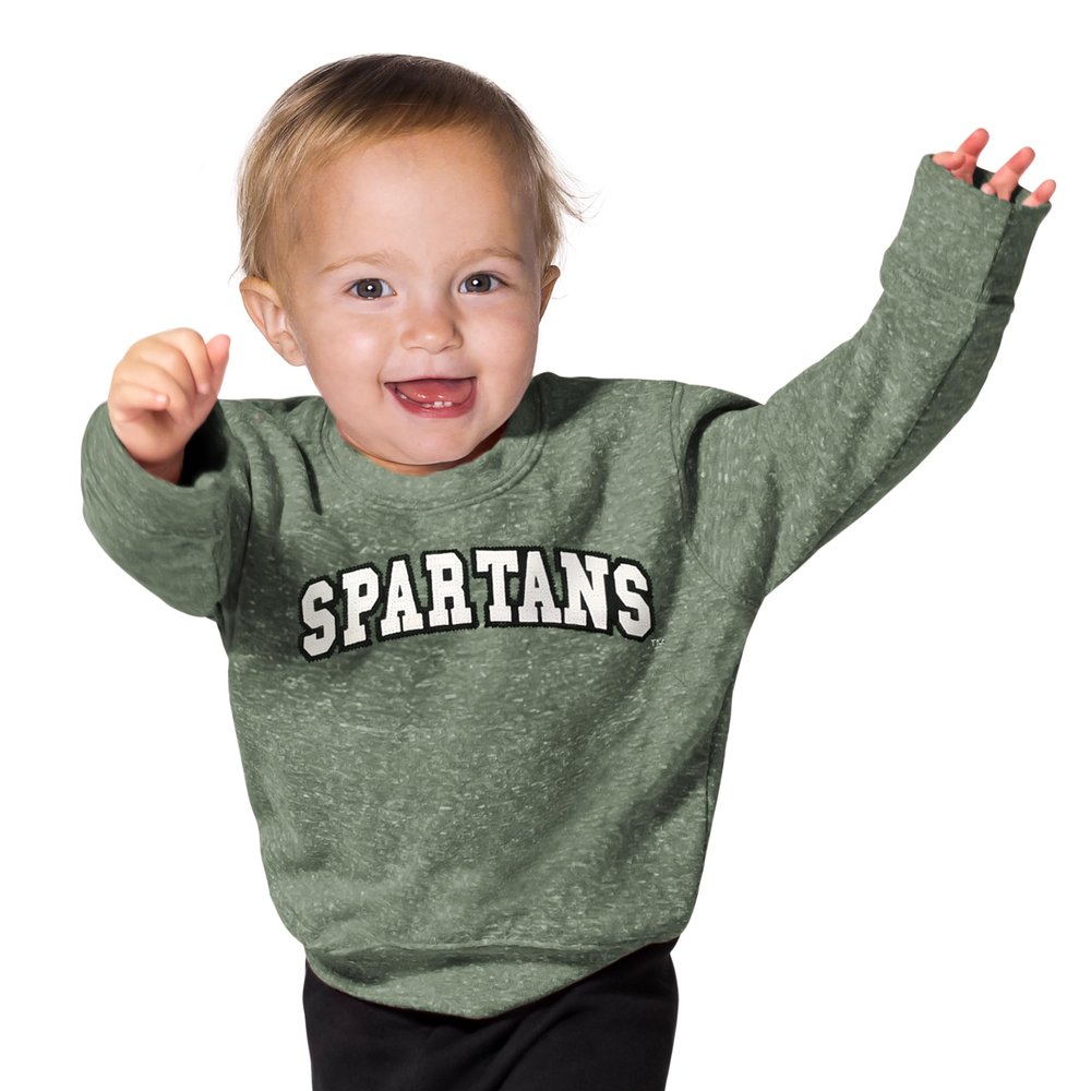 Little King NCAA Infant Boys and Girls Crewneck Knobby Sweatshirt With Tackle Twill Letters-Team Colors-Michigan State-Heathered Dark Green-6 Months