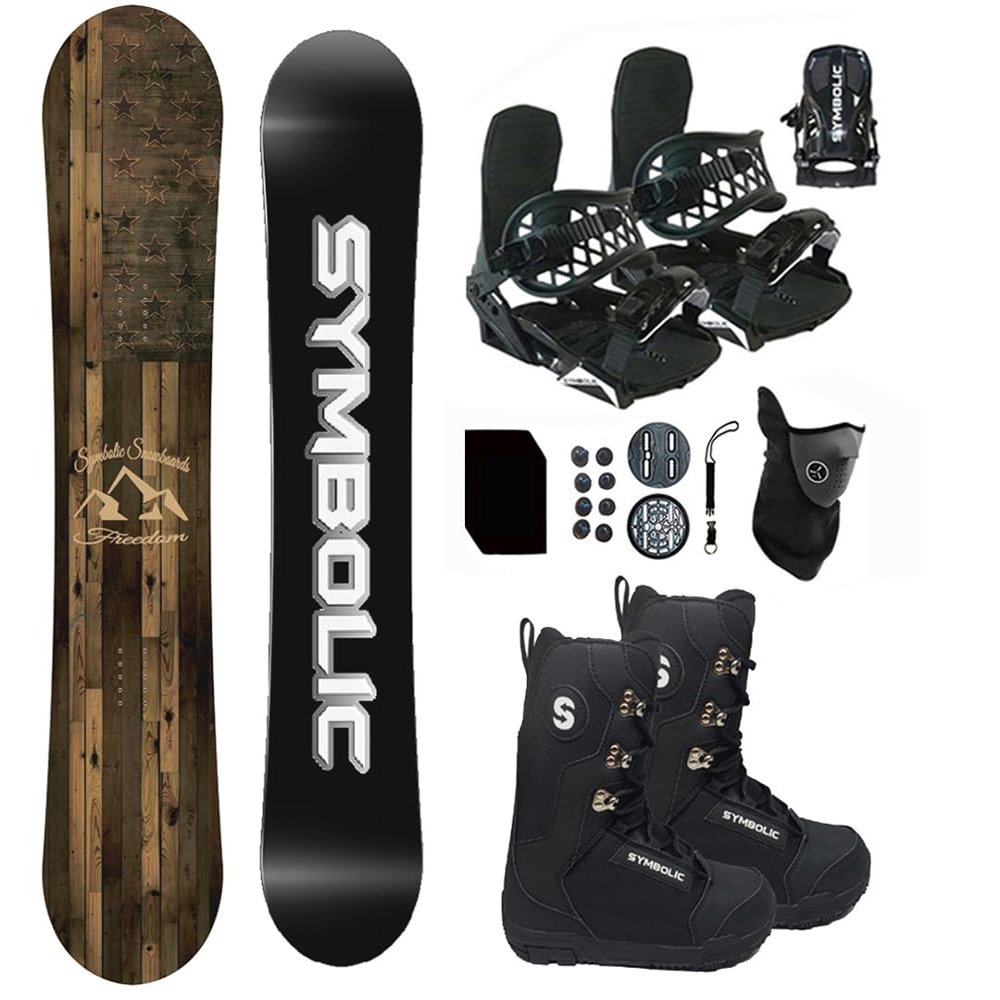 Symbolic Freedom Snowboard , Bindings, and Boots Package Discs, Screws,Leash, Stomp, Mask (140cm, Women 7 Boot & Black Binding)
