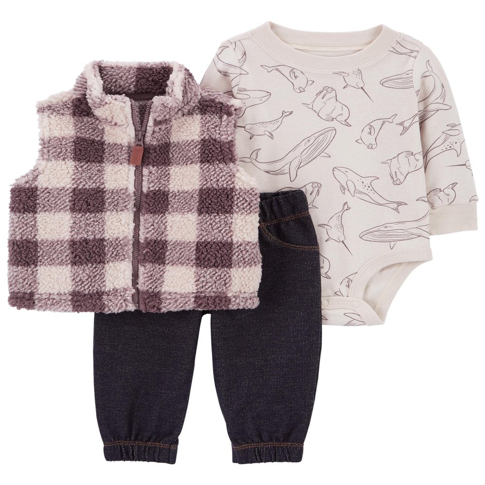 Carter's Baby Boys' 3 Piece Vest Set (Sherpa Plaid, 18 Months)