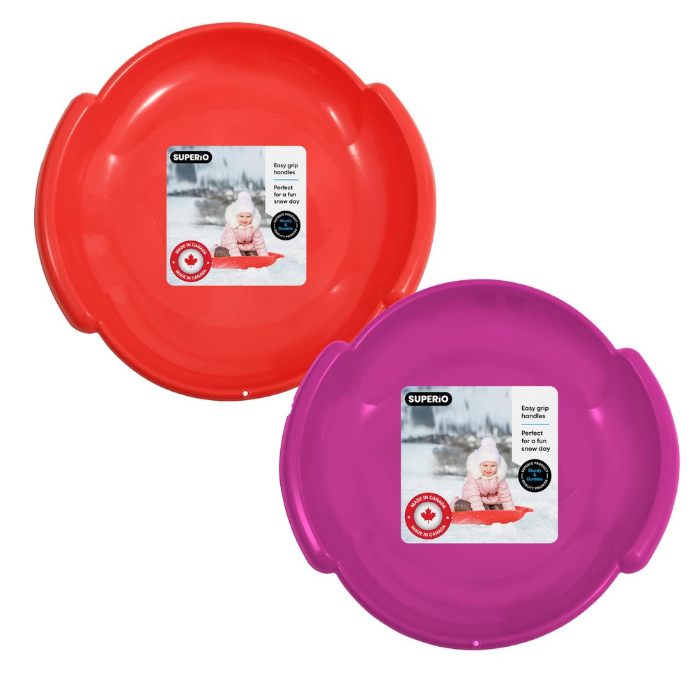 Superio Round Snow Sled, Heavy Duty Plastic Saucer Sled with Handles 24" Winter Snow Toys Fun, 2-Pack