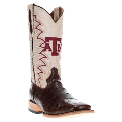 Vaccari Men's Parker Top Grid Stitching & Texas A&M Embroidery Genuine Mocha Alligator Tail Broad Square Toe Cowboy Boots - 8.5 EE