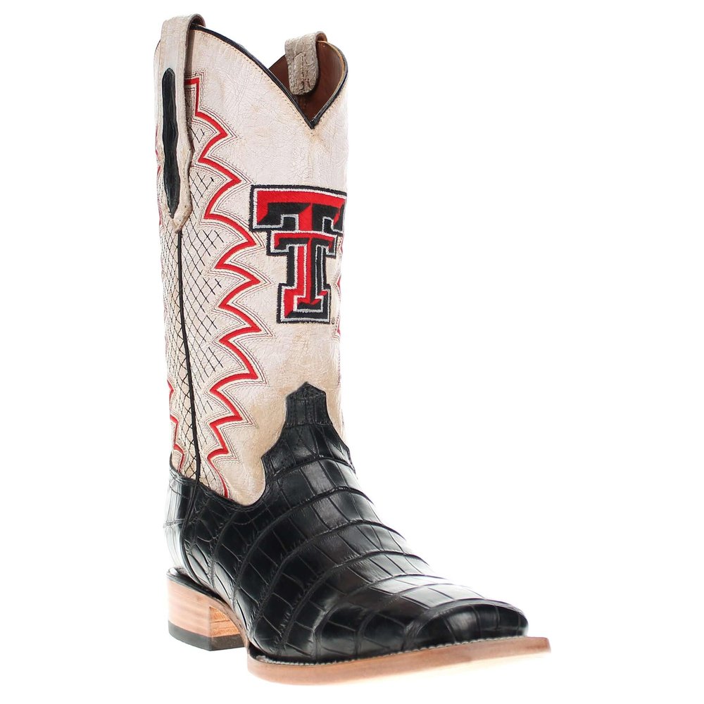Vaccari Men's Parker Top Grid Stitching & Texas Tech Red Raiders Embroidery Genuine Black Alligator Tail Broad Square Toe Cowboy Boots - 8 EE