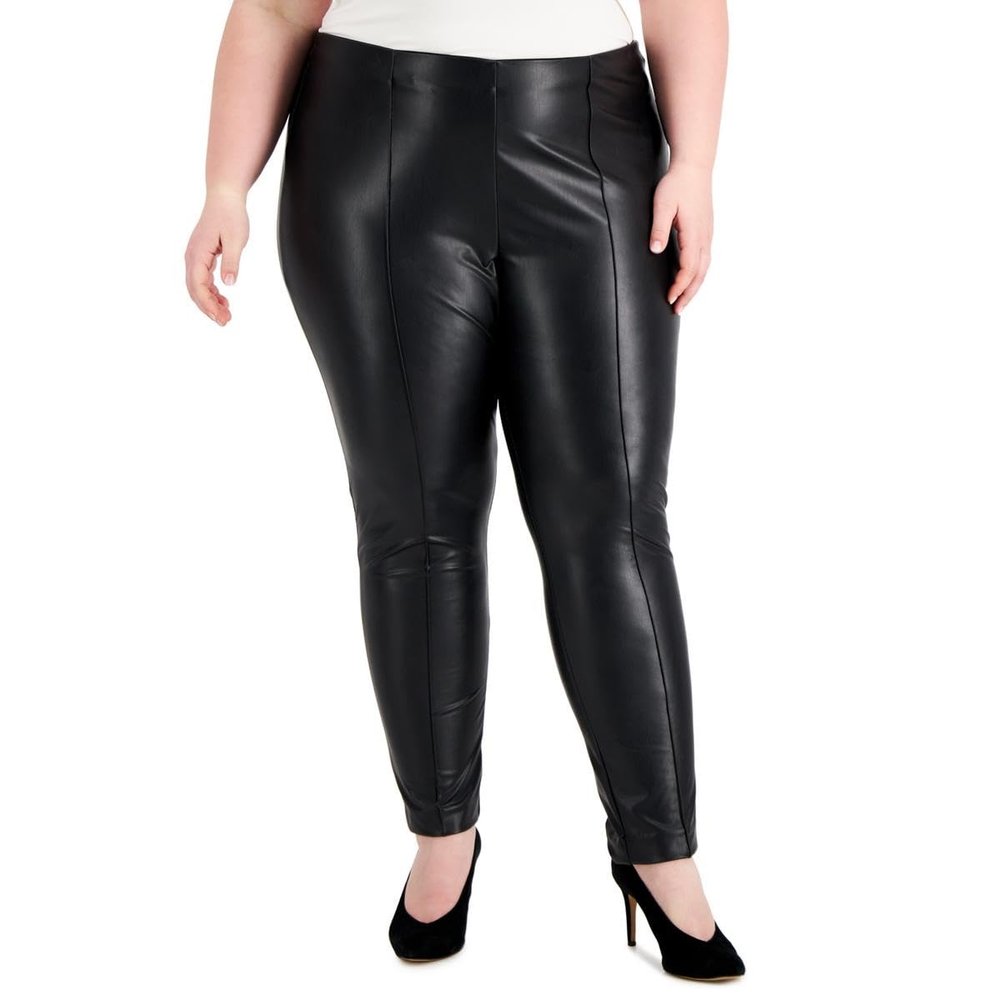 Anne Klein Womens Plus Faux Leather Mid-Rise Skinny Pants Black 3X