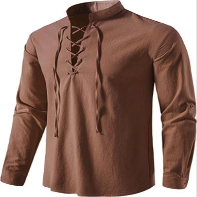 AIFARLD Men's Long Sleeve Shirts Retro Style Lace up for Medieval,Viking,Hippie Matching Cosplay Pirate Renaissance Costume Brown