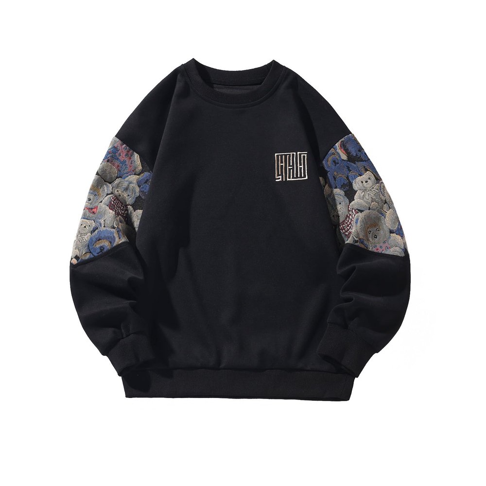 GMOYD Mens Bear Embroidered Sweatshirt Vintage Patchwork Sweatshirts Long Sleeve Pullover Tops, Black, Small