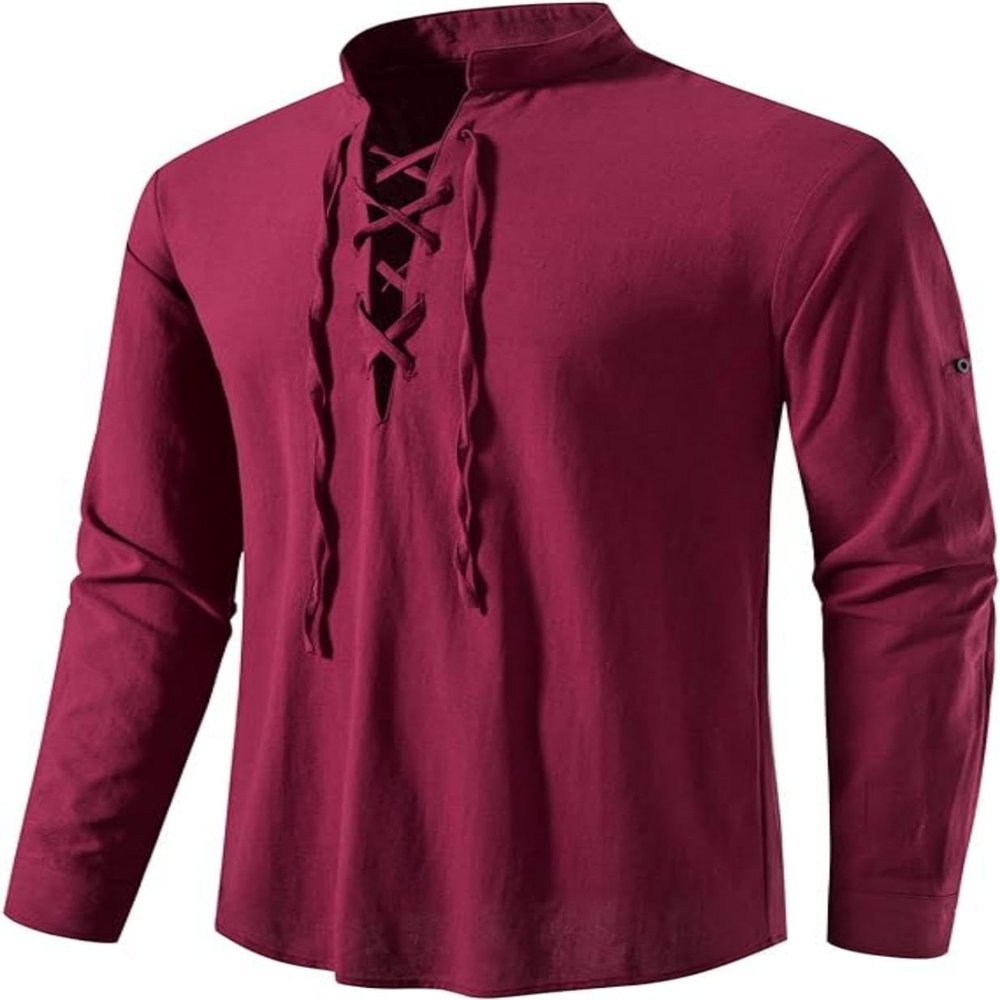 AIFARLD Men's Long Sleeve Shirts Retro Style Lace up for Medieval,Viking,Hippie Matching Cosplay Pirate Renaissance Costume Red