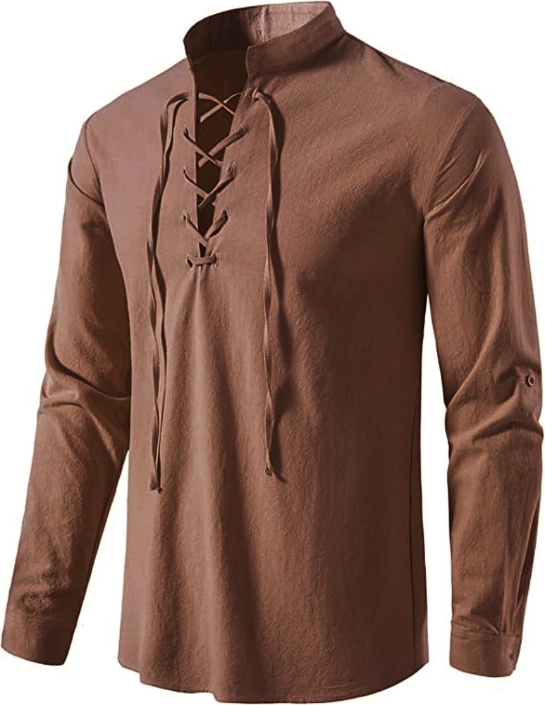 AIFARLD Men's Long Sleeve Shirts Retro Style Lace up for Medieval,Viking,Hippie Matching Cosplay Pirate Renaissance Costume Brown