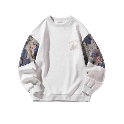 GMOYD Mens Bear Embroidered Sweatshirt Vintage Patchwork Sweatshirts Long Sleeve Pullover Tops, Grey, Medium