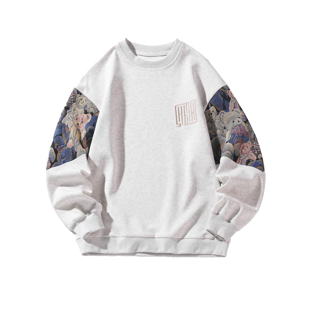 GMOYD Mens Bear Embroidered Sweatshirt Vintage Patchwork Sweatshirts Long Sleeve Pullover Tops, Grey, Medium