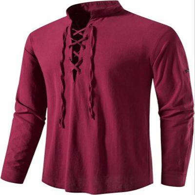 AIFARLD Men's Long Sleeve Shirts Retro Style Lace up for Medieval,Viking,Hippie Matching Cosplay Pirate Renaissance Costume Red