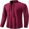 AIFARLD Men's Long Sleeve Shirts Retro Style Lace up for Medieval,Viking,Hippie Matching Cosplay Pirate Renaissance Costume Red view 1