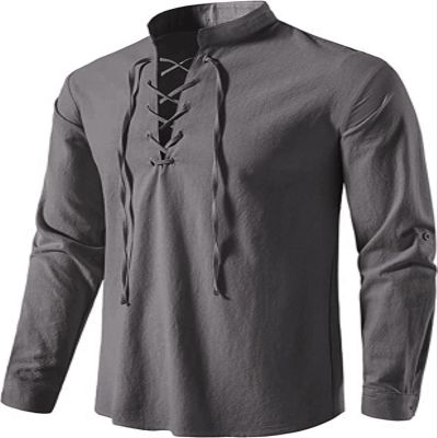 AIFARLD Men's Long Sleeve Shirts Retro Style Lace up for Medieval,Viking,Hippie Matching Cosplay Pirate Renaissance Costume Grey