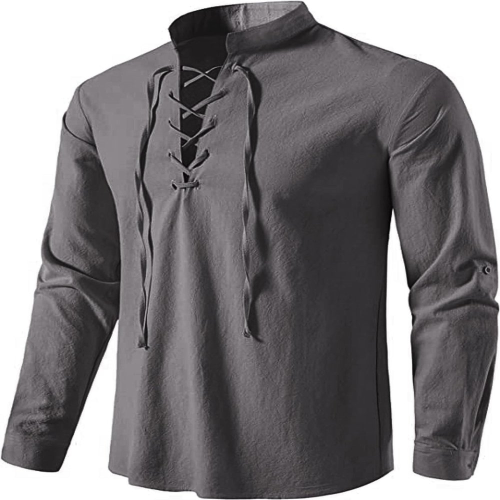 AIFARLD Men's Long Sleeve Shirts Retro Style Lace up for Medieval,Viking,Hippie Matching Cosplay Pirate Renaissance Costume Grey