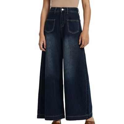 Womens Jeans Trendy Stretch High Waisted Straight Wide Leg Pants Teen Girls Fashion Baggy Casual Denim Pants Trousers