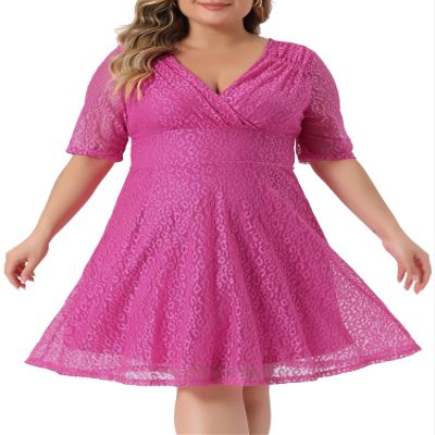 Agnes Orinda Plus Size Lace Dress for Women V Neck Swing A-Line Cocktail Party Wedding Guest 2024 Midi Dresses 2X Hot Pink