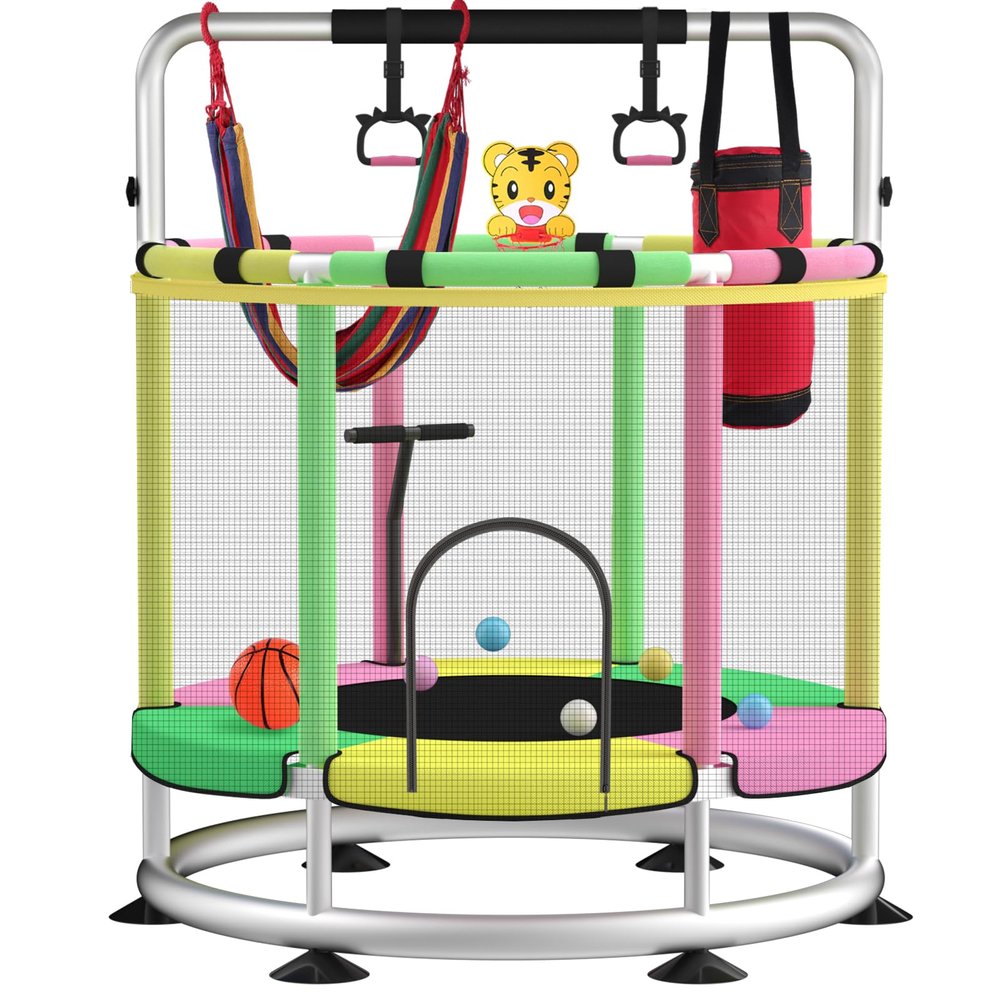 Trampoline for Kids, Adjustable Baby Toddler Trampoline with Basketball Hoop, Round Bottom Indoor Outdoor Toddler with Enclosure (Light Green Pink)