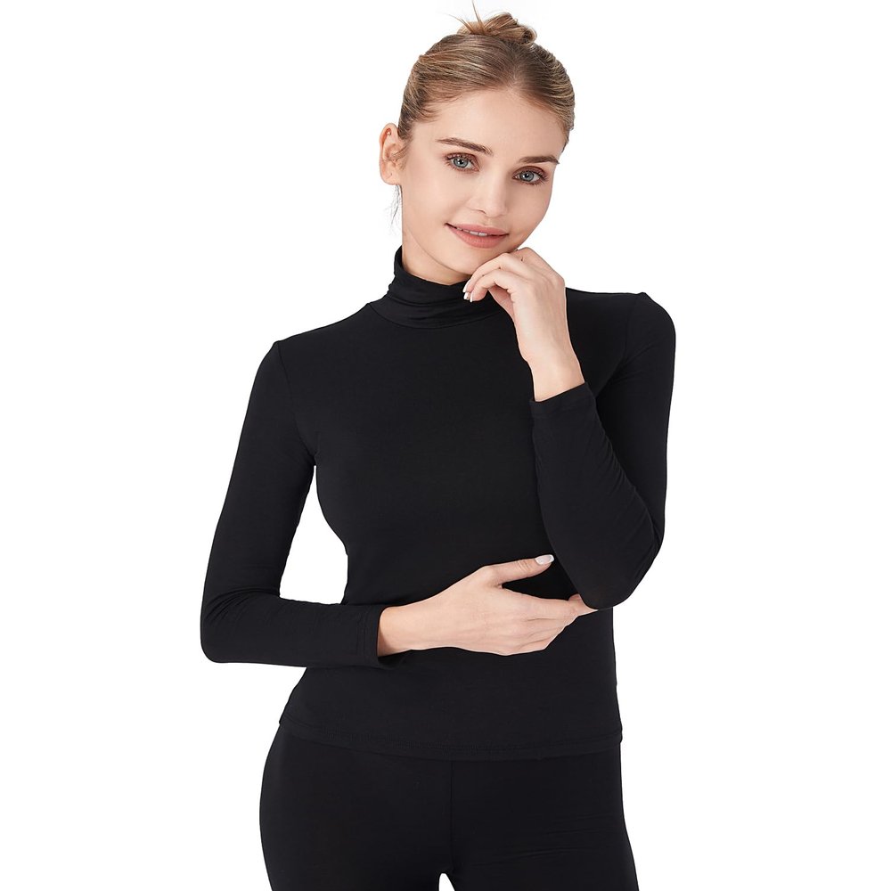 Liang Rou Women's Mock Turtleneck Ultrathin Long Sleeve Thermal Baselayer Undershirt Top Black X-Large