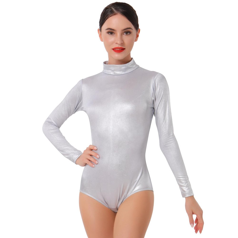 ODASDO Women Metalic Long Sleeve Bodysuit, Turtleneck Shiny Dance Leotard Spandex One Piece Gymnastics Unitard Vinyl Wet Look Latex Leather Body Suit for Halloween Costume Ballet Clubwear Silver 2XL