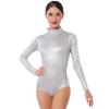 ODASDO Women Metalic Long Sleeve Bodysuit, Turtleneck Shiny Dance Leotard Spandex One Piece Gymnastics Unitard Vinyl Wet Look Latex Leather Body Suit for Halloween Costume Ballet Clubwear Silver 2XL view 1