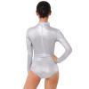 ODASDO Women Metalic Long Sleeve Bodysuit, Turtleneck Shiny Dance Leotard Spandex One Piece Gymnastics Unitard Vinyl Wet Look Latex Leather Body Suit for Halloween Costume Ballet Clubwear Silver 2XL view 2