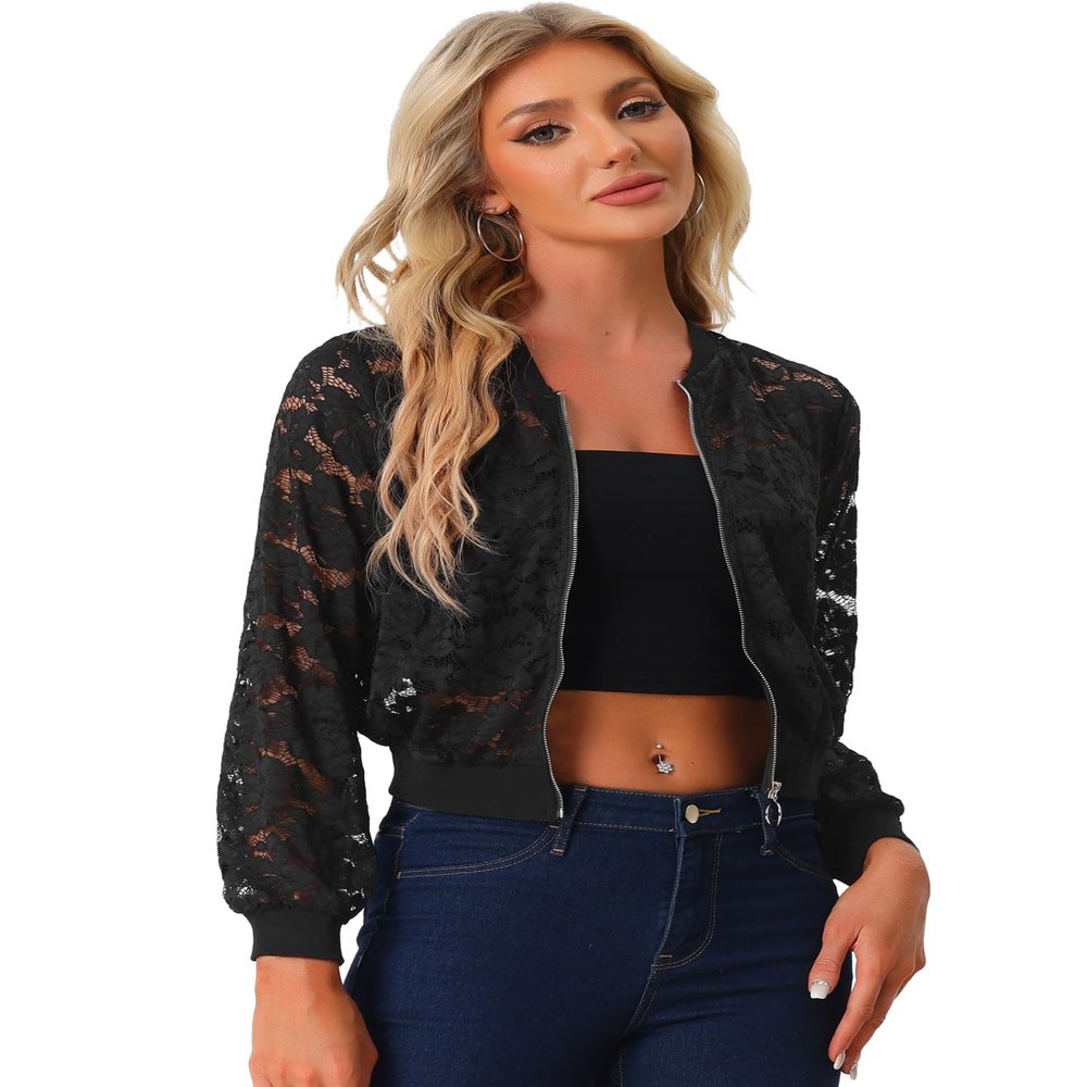 Allegra K Lace Jackets for Women's Stand Collar Zip Up Lightweight Gothic Sheer Baseball Jacket Small Black